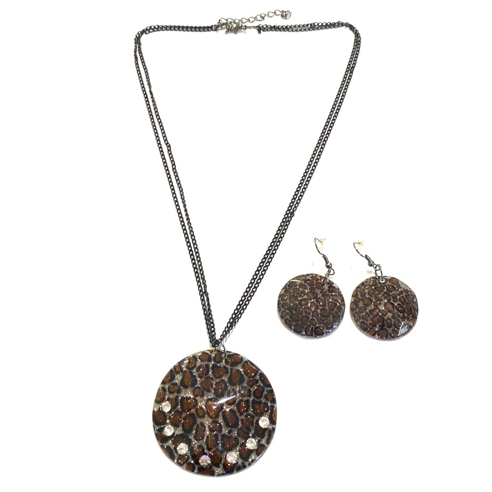 Animal Print Round Necklace Earrings Set Glitter Rhinestones Black Brown